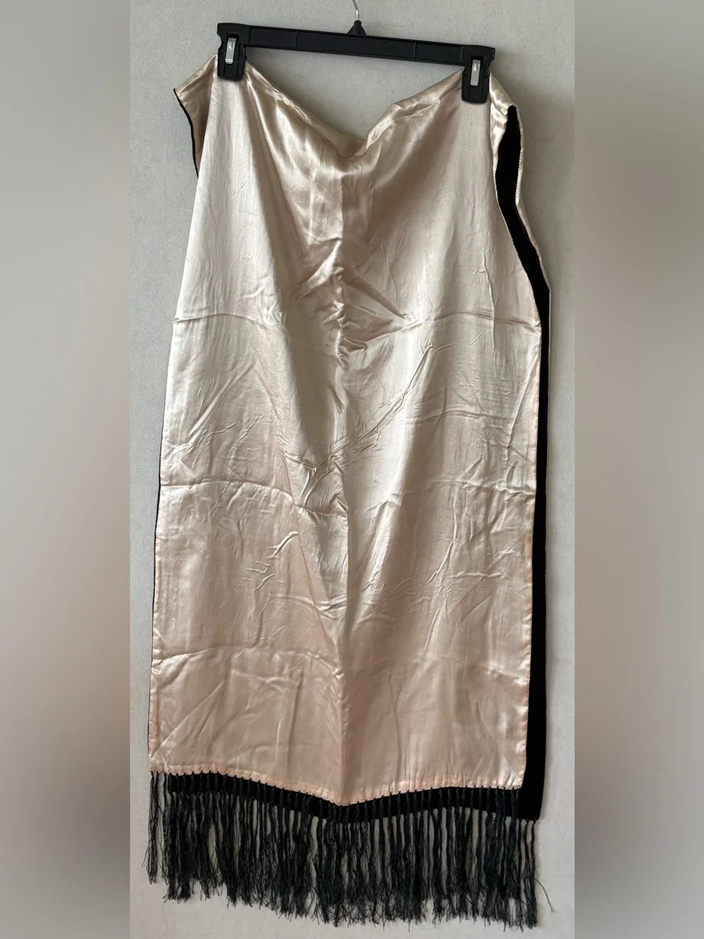 Gorgeous black velvet with cream satin underside fringe shaw wrap.